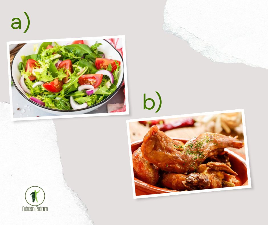 Ensalada de lechuga y espinacas con conejo al ajillo.